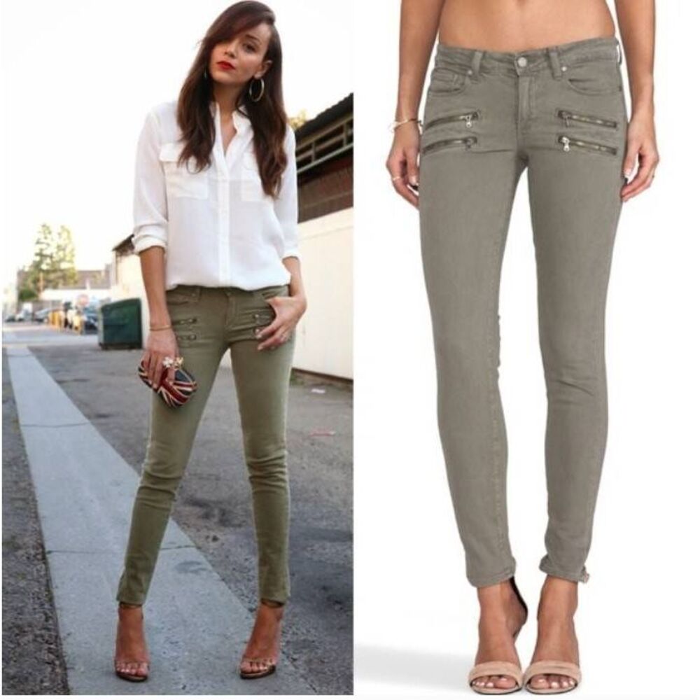Women's Olive Skinny Zip-Pocket Jeans